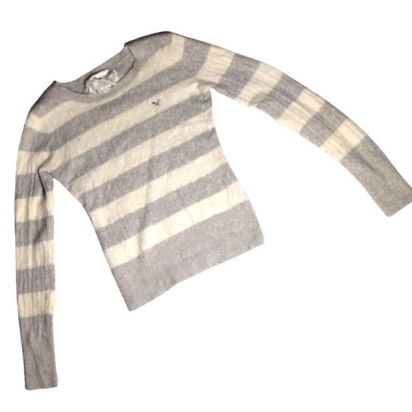 Angora & Lambswool Sweater Girls Size Small American Eagle Gray & White Stripes - Picture 1 of 7
